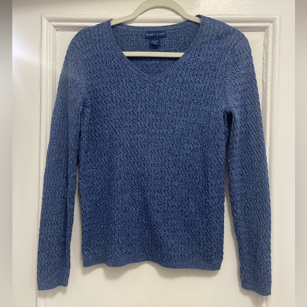 Karen Scott Blue V-neck Cable Knit Sweater
